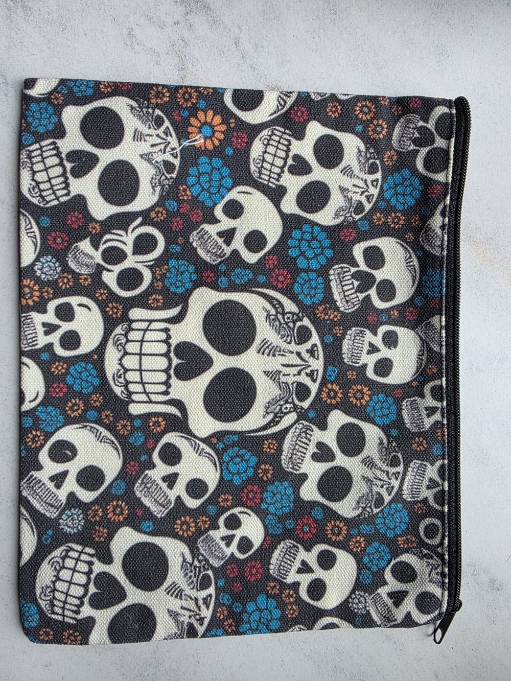 Skull Floral Print Zip Pouch - Black, Cream, Teal, Orange